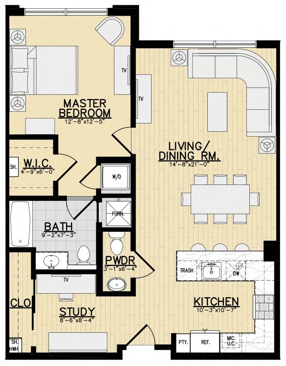 Floor plan for 1 bed, 1.5 baths, 952 sqft